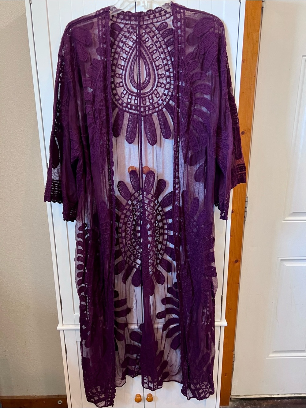 Sheer Embroidered Full length Kimono in Deep Purple